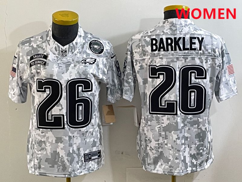 Women Philadelphia Eagles 26 Barkley Camo Nike 2025 Salute to Service Limited NFL Jersey style 2